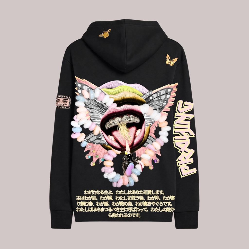 PRAYING SIGNS OVERSIZE BLACK HOODIE